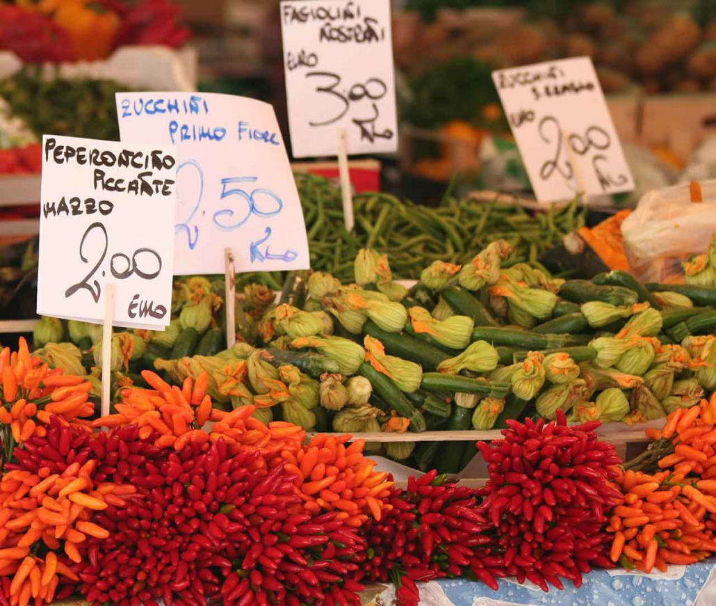Italian food market with fresh produce on display